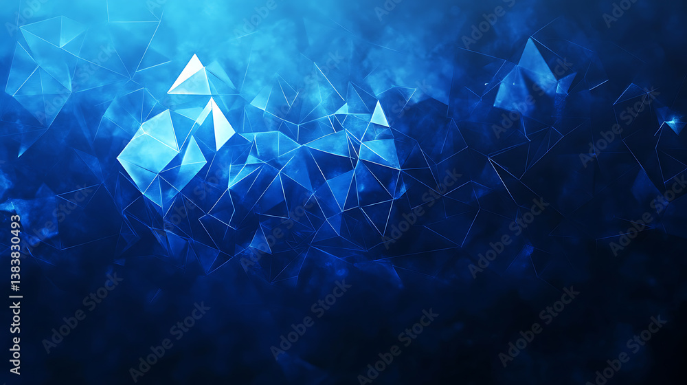 Poster An abstract wave shape on a low-polygonal triangular background for cyberspace, big data, metaverse, network security, data transfer on a dark blue abstract cyberspace background