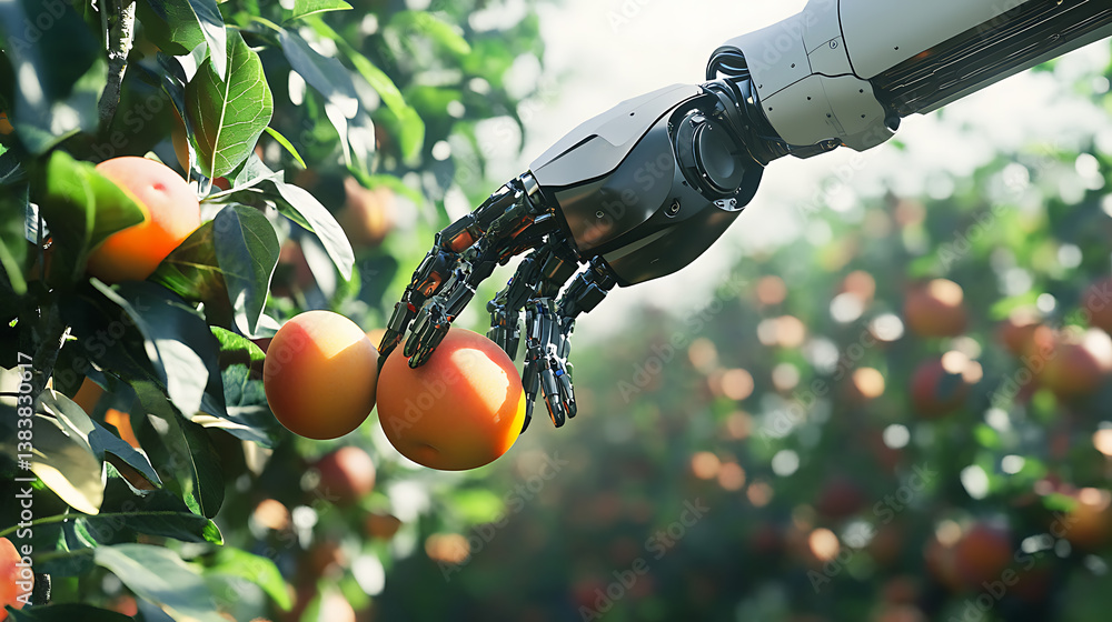 Poster An advanced robotic arm equipped with sensors and ai technology selectively picking ripe fruit from a tree in an orchard, showcasing precision and efficiency in modern smart agriculture practices