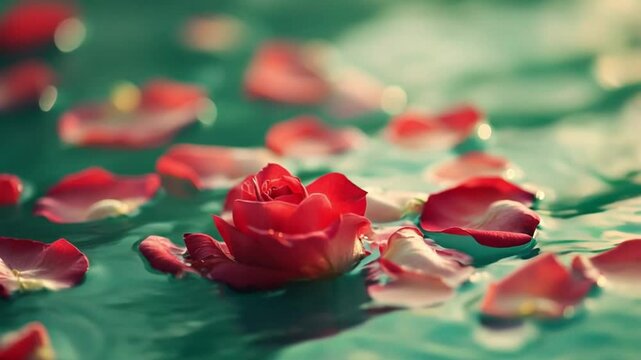 Rosa y p&eacute;talos rojos flotando sutilmente en agua turquesa, fondo abstracto de naturaleza. 
