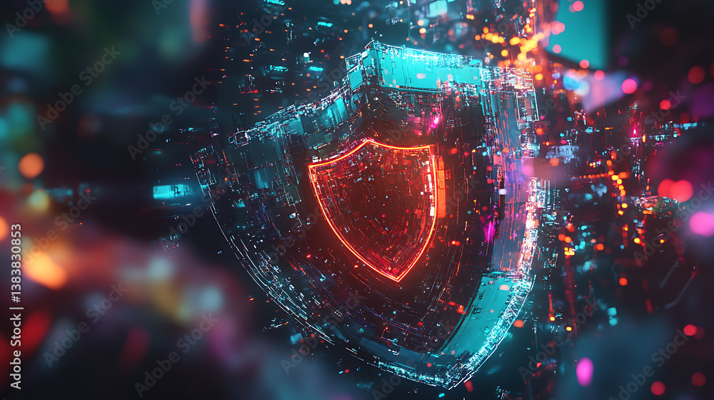 Poster an artistic representation of cybersecurity solutions featuring a digital shield emblem, symbolizing