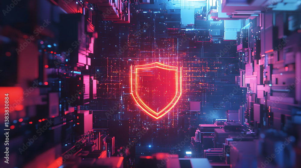 Aufkleber an artistic representation of cybersecurity solutions featuring a digital shield emblem, symbolizing