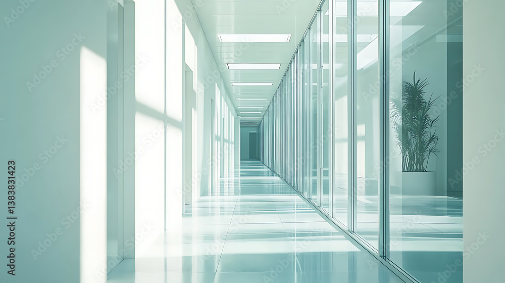 Aufkleber an empty corridor in a glass building, futuristic illustration of future technologies