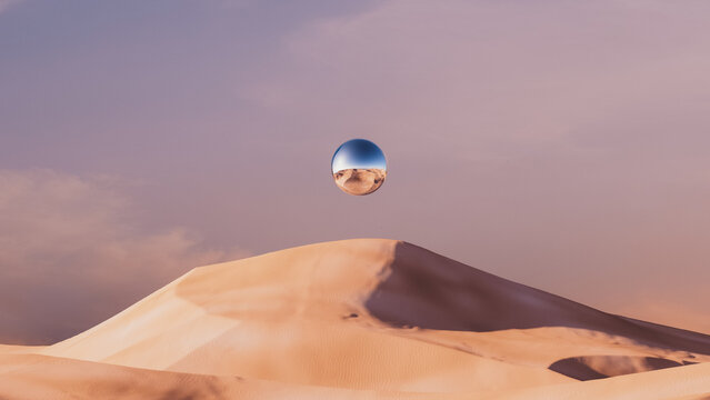 Surreal landscape uncovers a metallic sphere above golden dunes