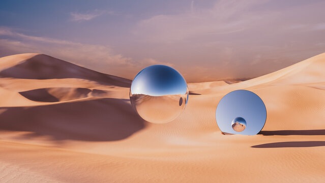 Surreal desert landscape features metallic sphere among golden dunes