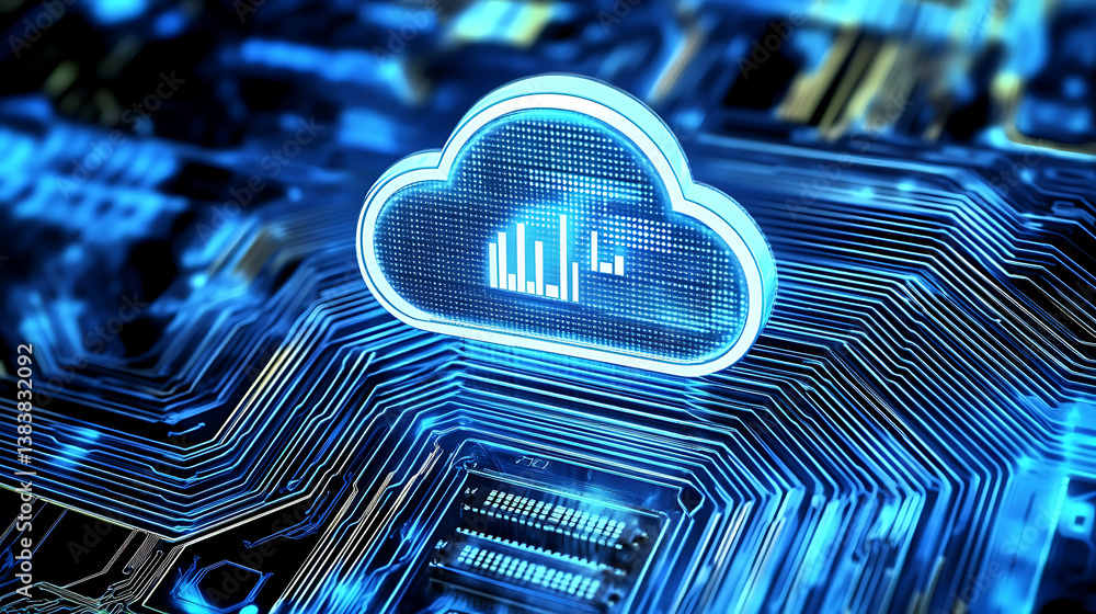 Poster An illustration of secure cloud computing concept, featuring a cloud symbol over a stylized chip, representing the safety and encryption in cloud storage services