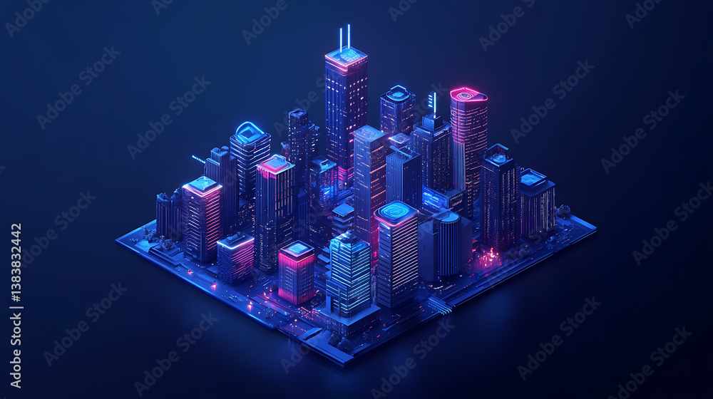 Poster an isolated smart city on a dark blue background, featuring intelligent infrastructure, this futuris