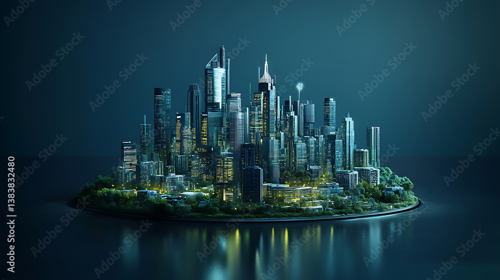 Poster an isolated smart city on a dark blue background, featuring intelligent infrastructure, this futuris