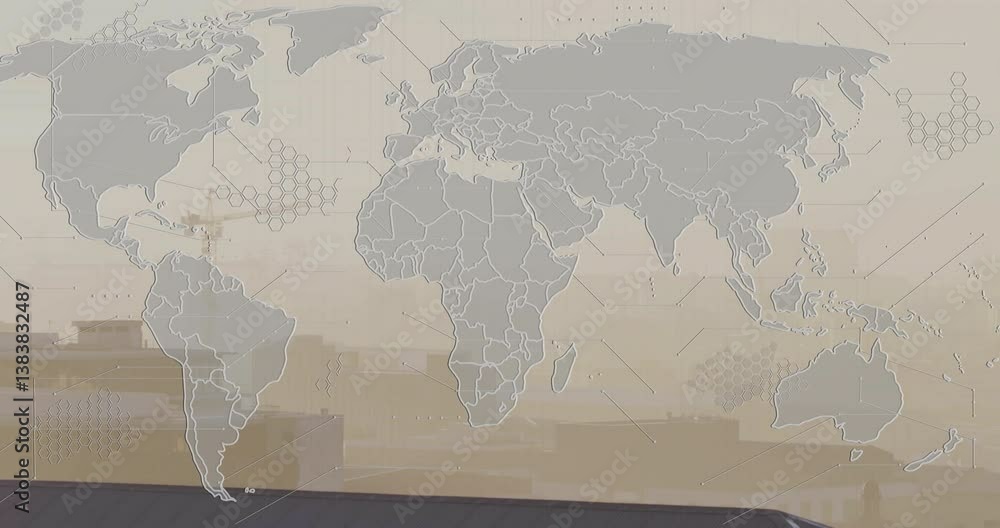 Poster overlaying hexagonal patterns on urban landscape, animation of world map displayed
