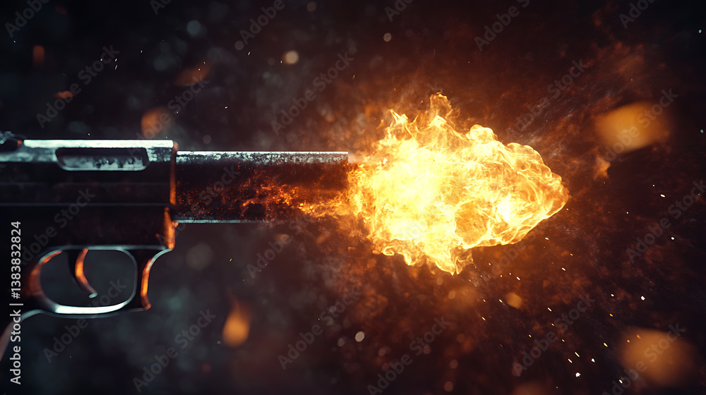 Poster animated 3d blast motion flashes after weapon shot with realistic muzzle flash and shotgun fire effe