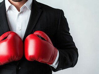 A suited man holds red boxing gloves, blending professionalism with a sporty edge, symbolizing a unique combination of business and competition.