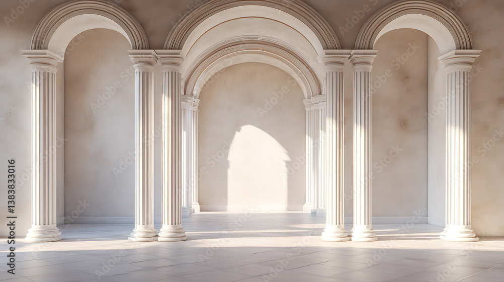 Poster Arches with columns in the wall, internal gate with white columns in a palace or castle on a light wall background 3d illustration