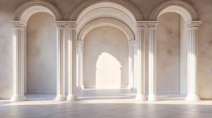Fototapeta premium Arches with columns in the wall, internal gate with white columns in a palace or castle on a light wall background 3d illustration