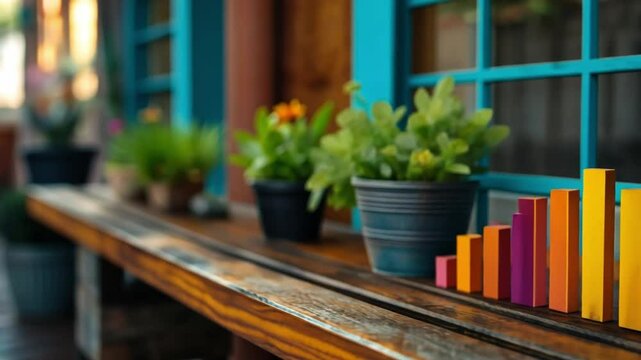 Balance in Growth: A captivating tableau unfolds, blending the serene beauty of potted plants with a vibrant bar graph, symbolizing growth and progress in a harmonious composition.