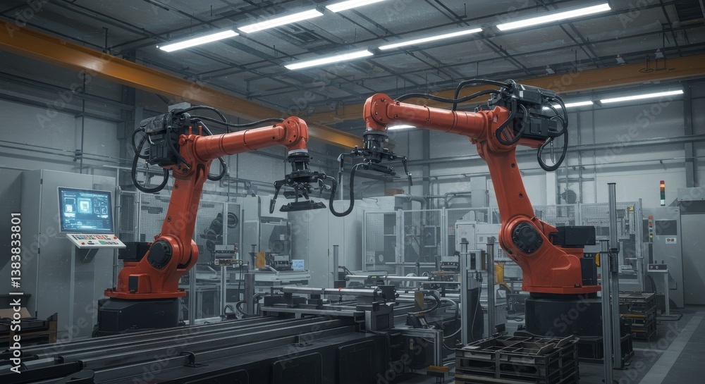 Poster automated factory: precision robotics at work - futuristic factory, robotic arms, ai-driven manufact