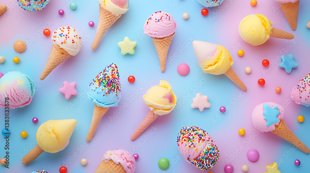 Poster Assorted ice cream scoops top view on colorful background