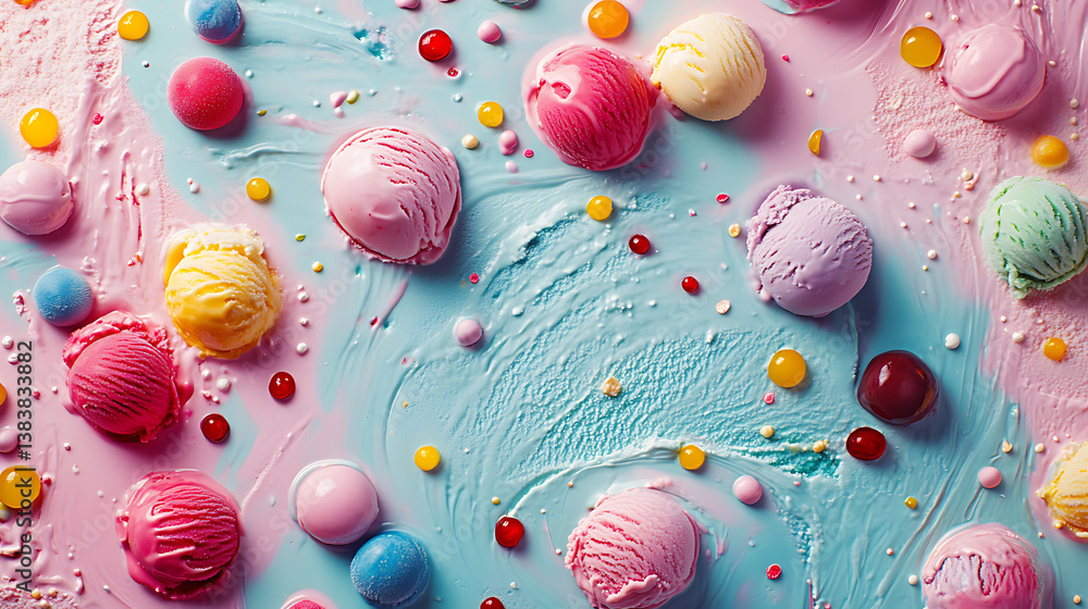 Poster Assorted ice cream scoops top view on colorful background