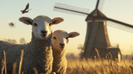 Fototapeta premium Two lambs in field, windmill sunrise, rural peace, idyllic farm scene