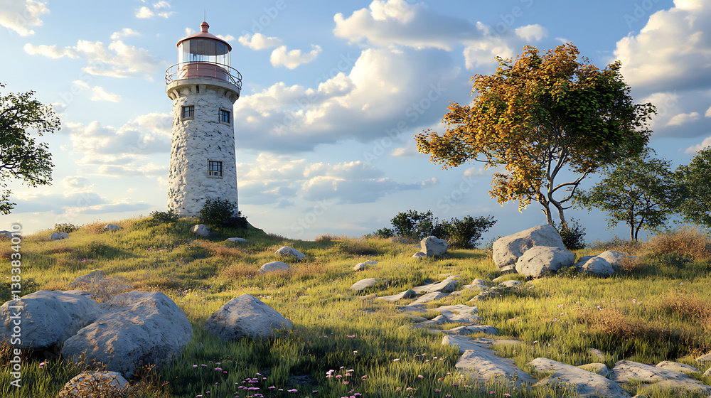 Poster at the end of the stone ridge stands a lonely lighthouse, 3d rendering