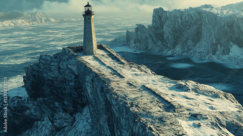 Poster at the end of the stone ridge stands a lonely lighthouse, 3d rendering