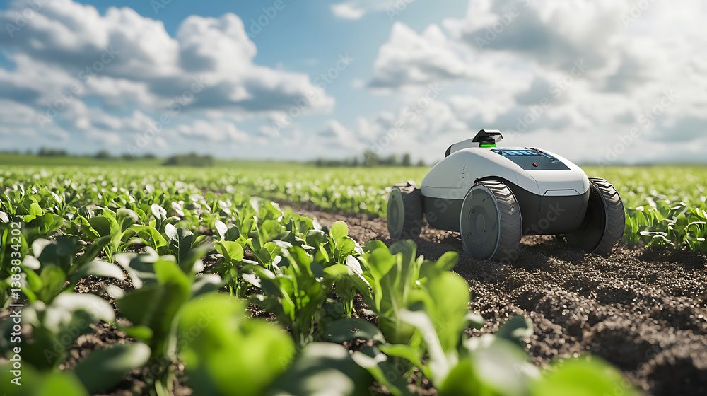 Poster Autonomous robot equipped with sensors and ai technology working in an agricultural field, showcasing the innovative integration of smart farming automation for enhanced production efficiency