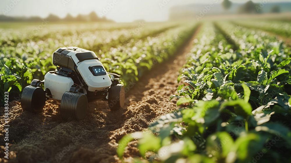 Poster Autonomous robot equipped with sensors and ai technology working in an agricultural field, showcasing the innovative integration of smart farming automation for enhanced production efficiency