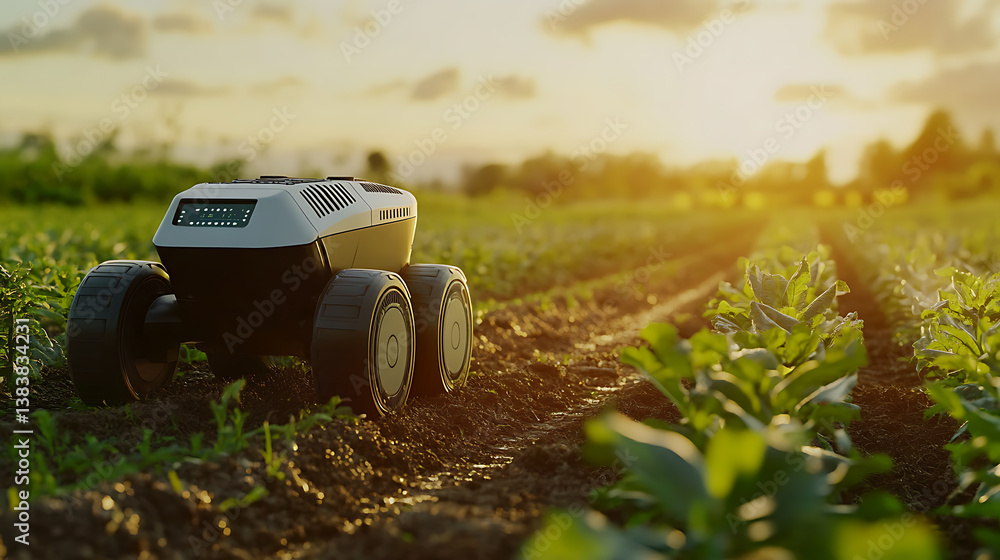 Aufkleber Autonomous robot equipped with sensors and ai technology working in an agricultural field, showcasing the innovative integration of smart farming automation for enhanced production efficiency