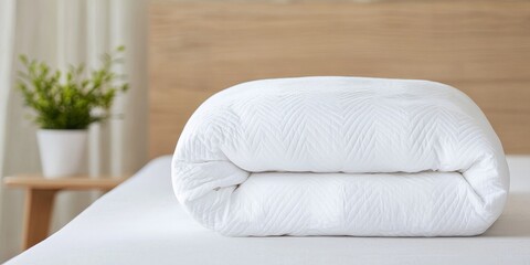Obraz premium Neatly Folded White Blanket on a Minimalist Bed with Potted Plant in a Calm Indoor Setting