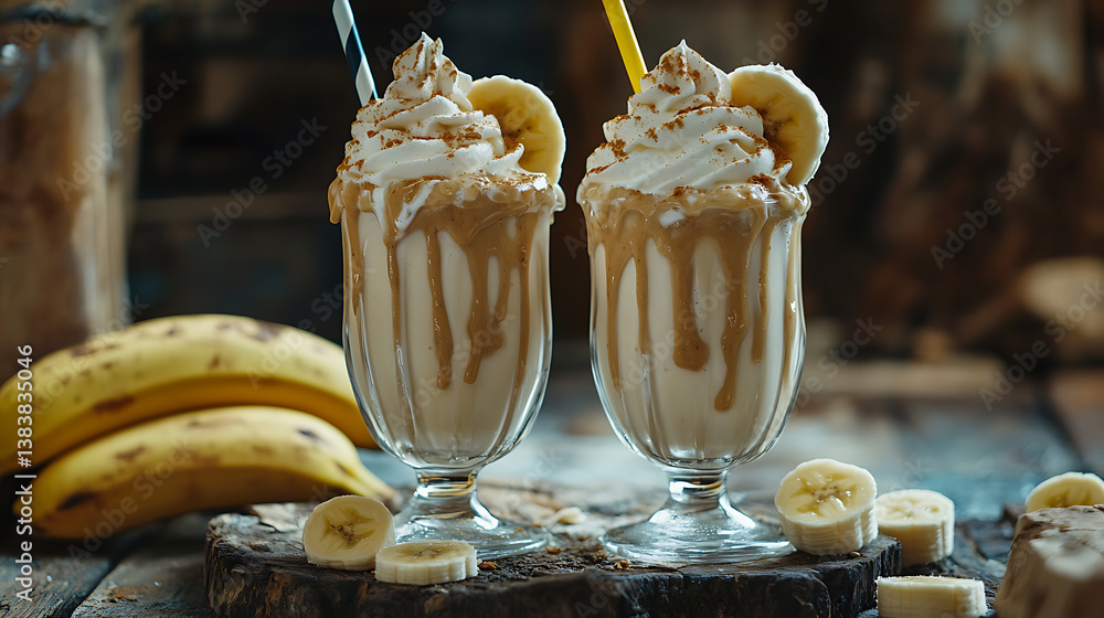 Poster banana milkshakes with whipped cream and slices on top, on a rustic table