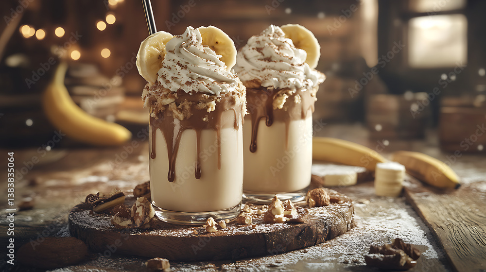 Poster banana milkshakes with whipped cream and slices on top, on a rustic table