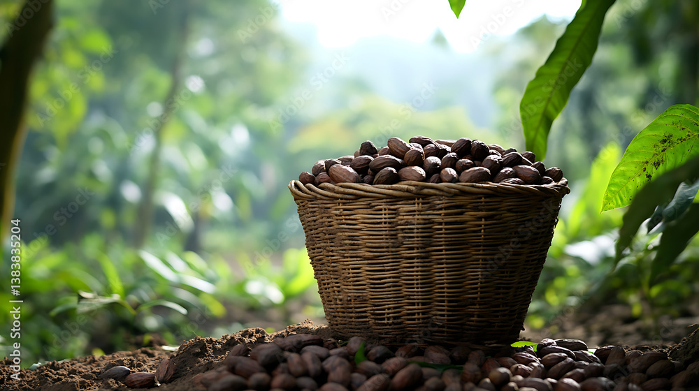 Poster Basket with cocoa beans crop
