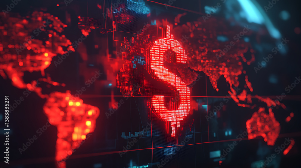 Poster bearish stock market, investing and weakening of the currency concept with glowing digital red dolla