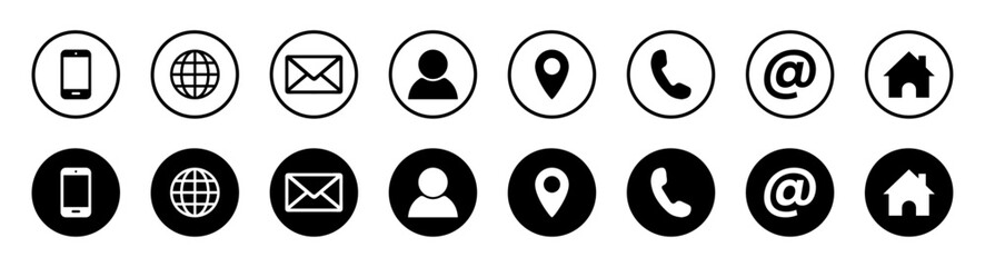 Set of black and white contact icons including phone, email, location, user, web, and home symbols. Ideal for websites, apps, business cards, and digital communication. Vector illustration. Icons.