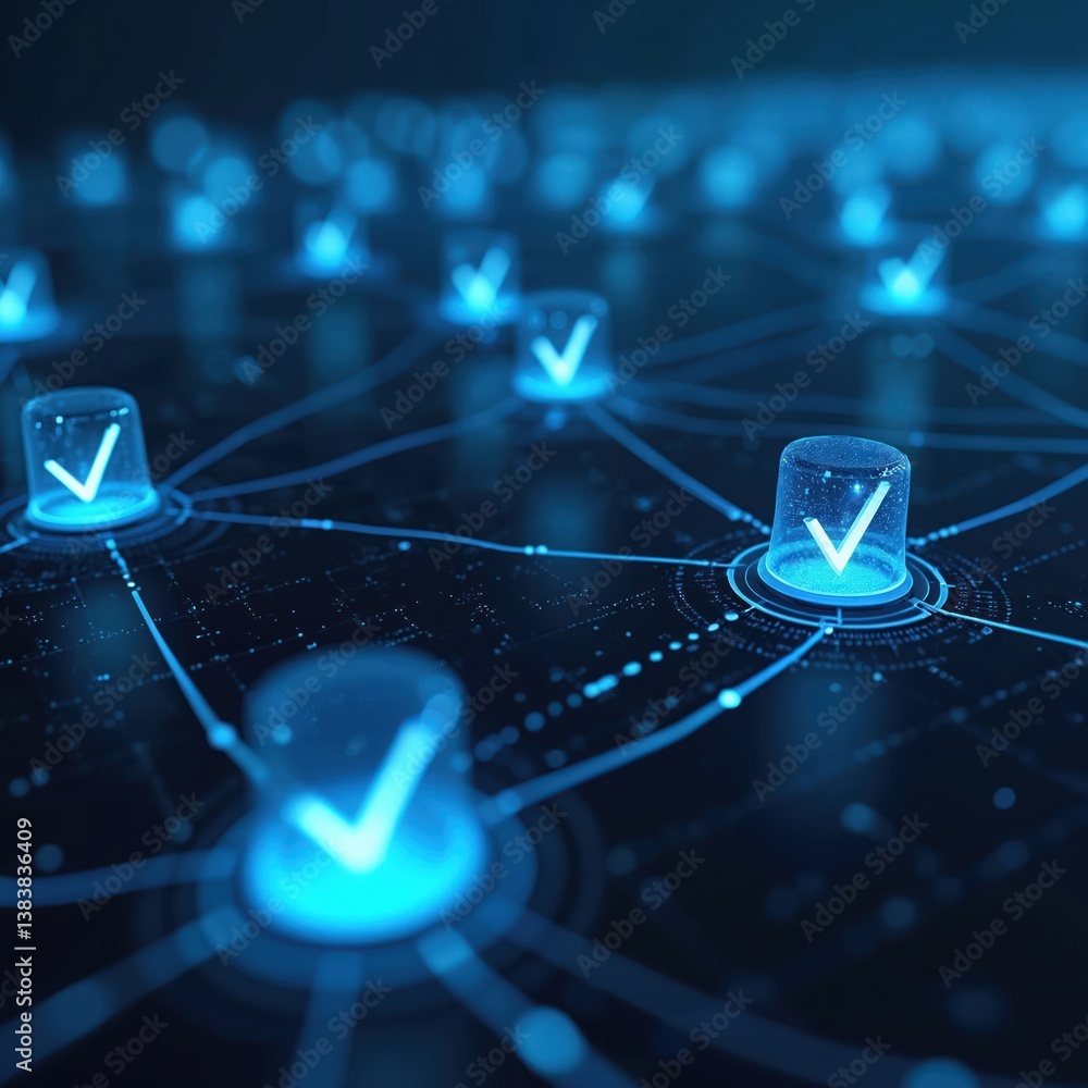 Poster Futuristic digital network with glowing checkmarks, nodes. Data verification technology, cybersecurity concept. Interface, privacy, compliance, digital access, data storage, management, framework,