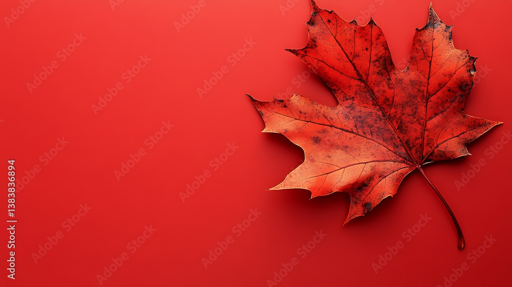 Poster Big maple leaf with copy space on red background