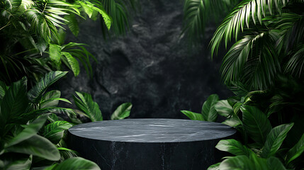 Black stone podium between green plant leaves with space for placing products