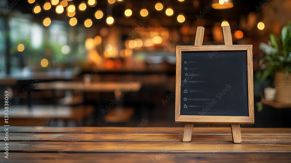 Poster blackboard menu with easel on wooden table with blur restaurant background, copy space for adding yo