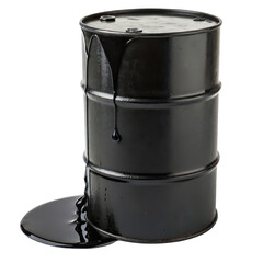Black oil barrel with a spill on a surface. isolated on a white background.