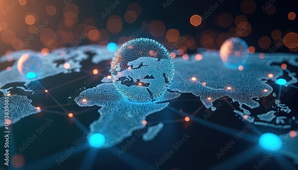Poster illustration of digital earth with connected dots, lines, global network. shows cyber connection, da