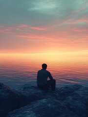 Obraz premium Man sitting on rock at sunset by the sea watching the colorful horizon and reflecting on life
