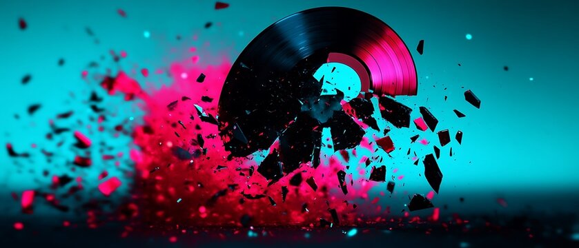 Shattered Vinyl Record in Vivid Neon Explosion
