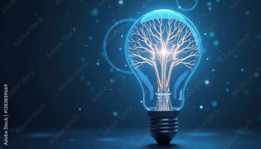Aufkleber illuminated light bulb, stylized tree resembling neural pathways inside against dark blue background