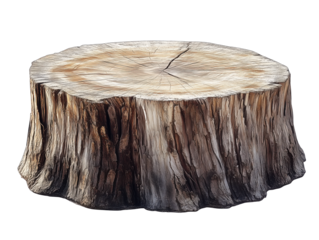 Large tree stump isolated on transparent background showing growth rings