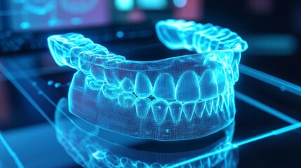 Glowing 3D model of human jaw and teeth on digital screen.
