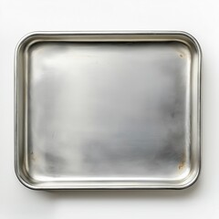Empty Stainless Steel Baking Tray or Metal Food Serving Pan Isolated on White Background, Top View Kitchenware