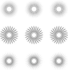 abstract sunburst radial line designs. Geometric circular sun ray patterns, perfect for logos, backgrounds, decorative elements, and branding.