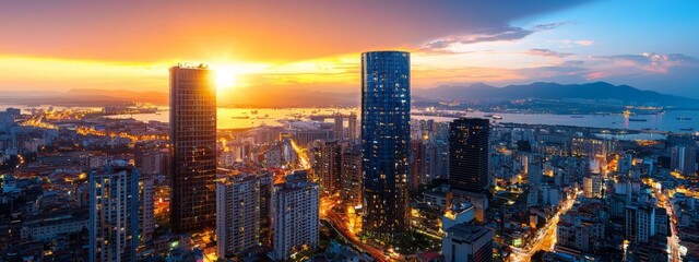 Fototapeta premium Majestic Sunset Over City Skyline with Skyscrapers and Water View