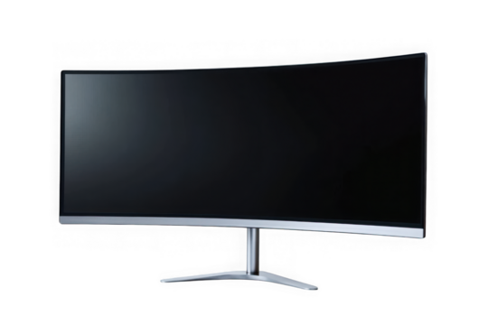 A sleek, ultra-wide monitor showcasing immersive visuals with a minimalist silver stand against on Transparent Background