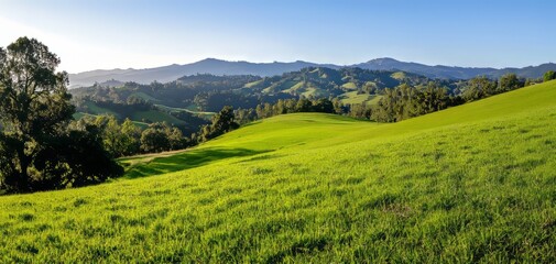 Fototapeta premium Serene Green Rolling Hills with Mountain Landscape in Background