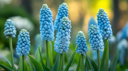 Close-up of several light blue Muscari flowers blooming in a garden.