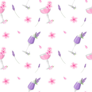 Vector illustration of a seamless pattern featuring elegant pink and purple spring or summer drink glasses adorned with lavender and sakura. Ideal for textiles, wallpapers, and digital designs